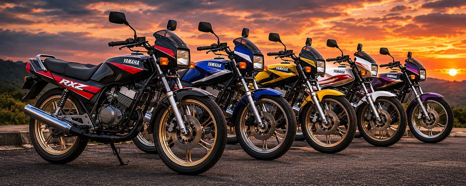 Illustration of Yamaha RXZ motorcycles in several colours lined up at sunset